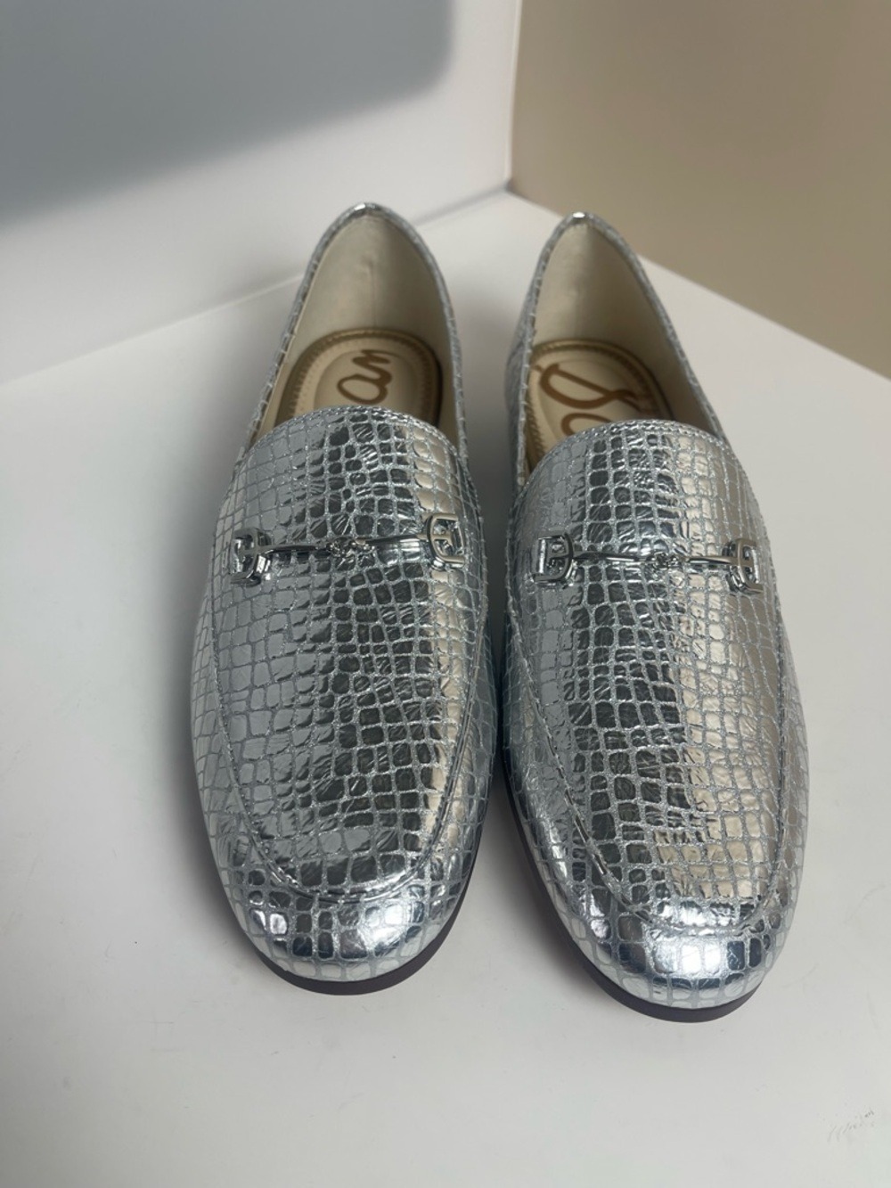 Sam Edelman Loraine Leather Loafers  Sz 6 Silver Metallic Croco Women’s New Glam